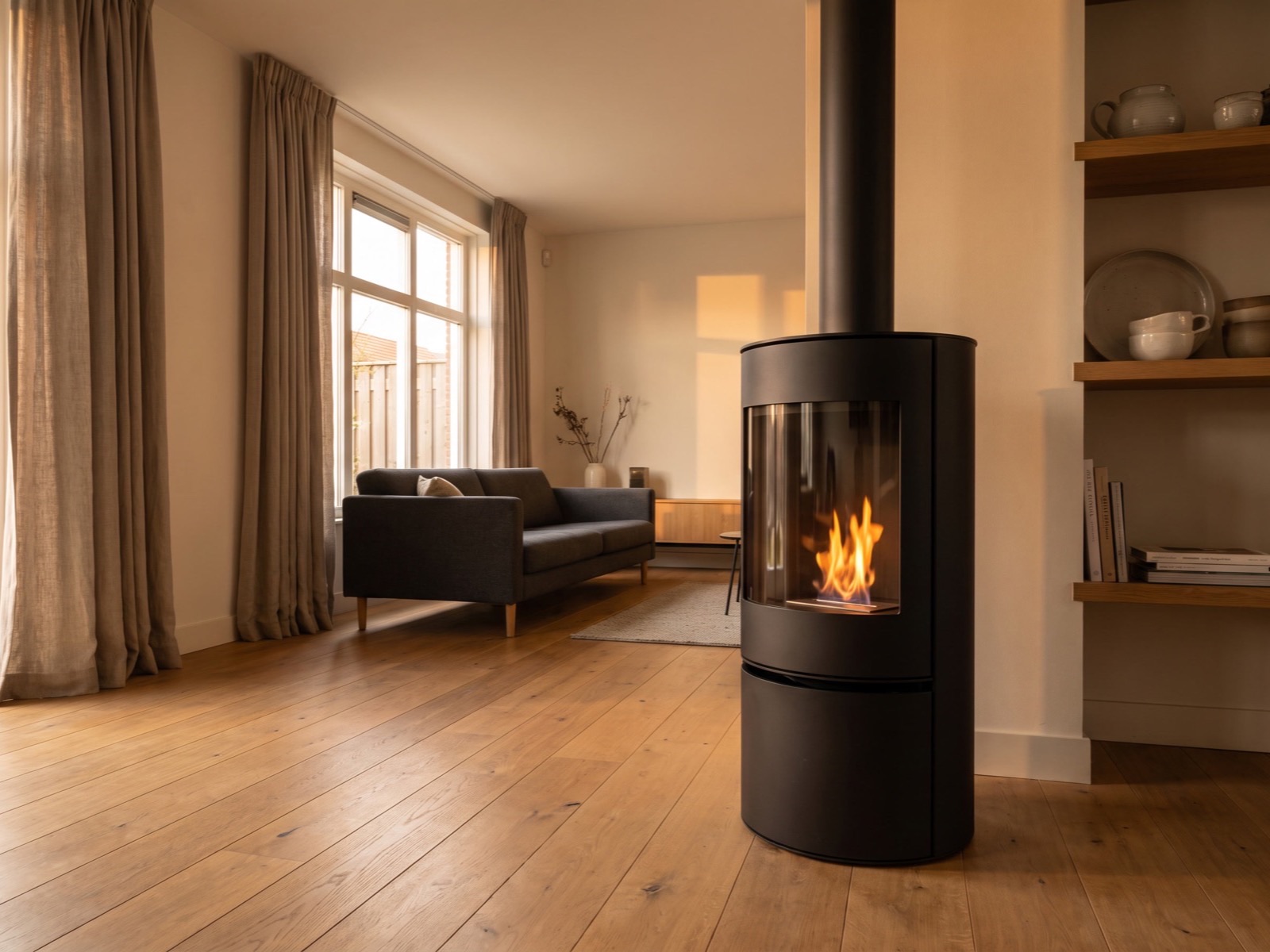 Vrijstaande bio ethanol haard als los, verplaatsbaar model met echte vlam in een woonkamer