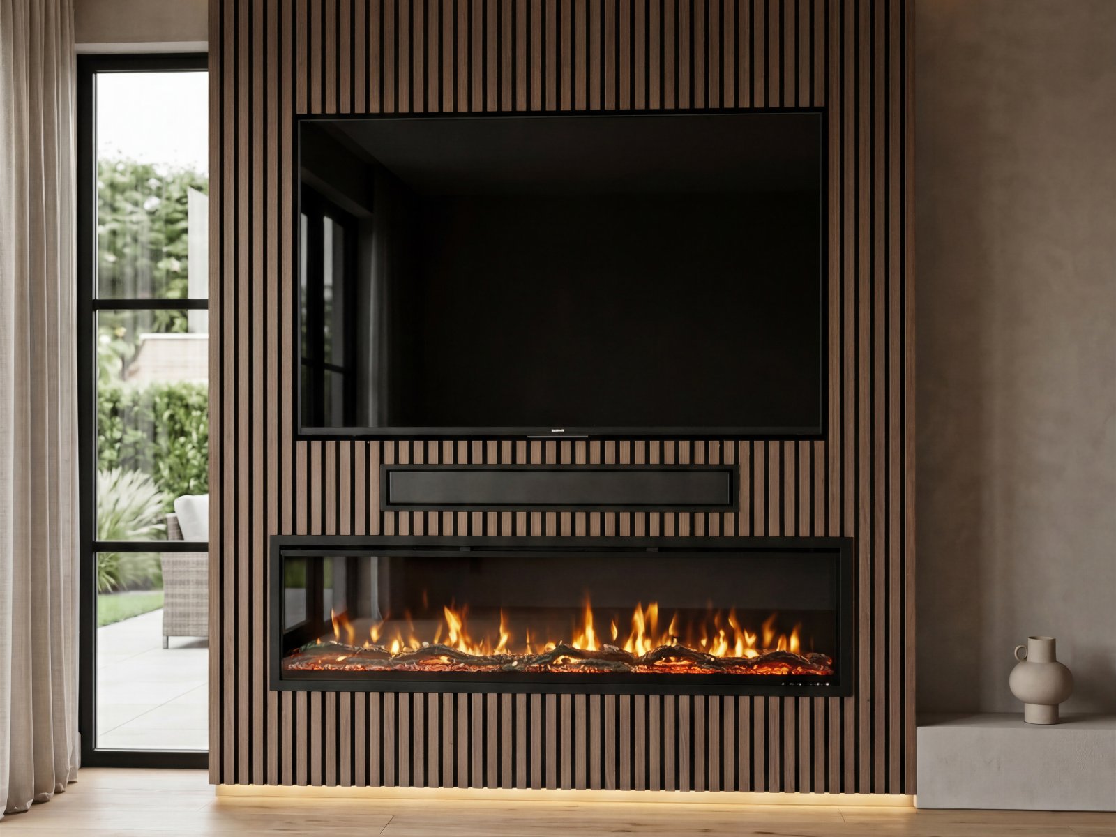 Cinewall met houten panelen achter de tv: verticale walnootkleurige panelen over de volle wandhoogte met verborgen ledverlichting
