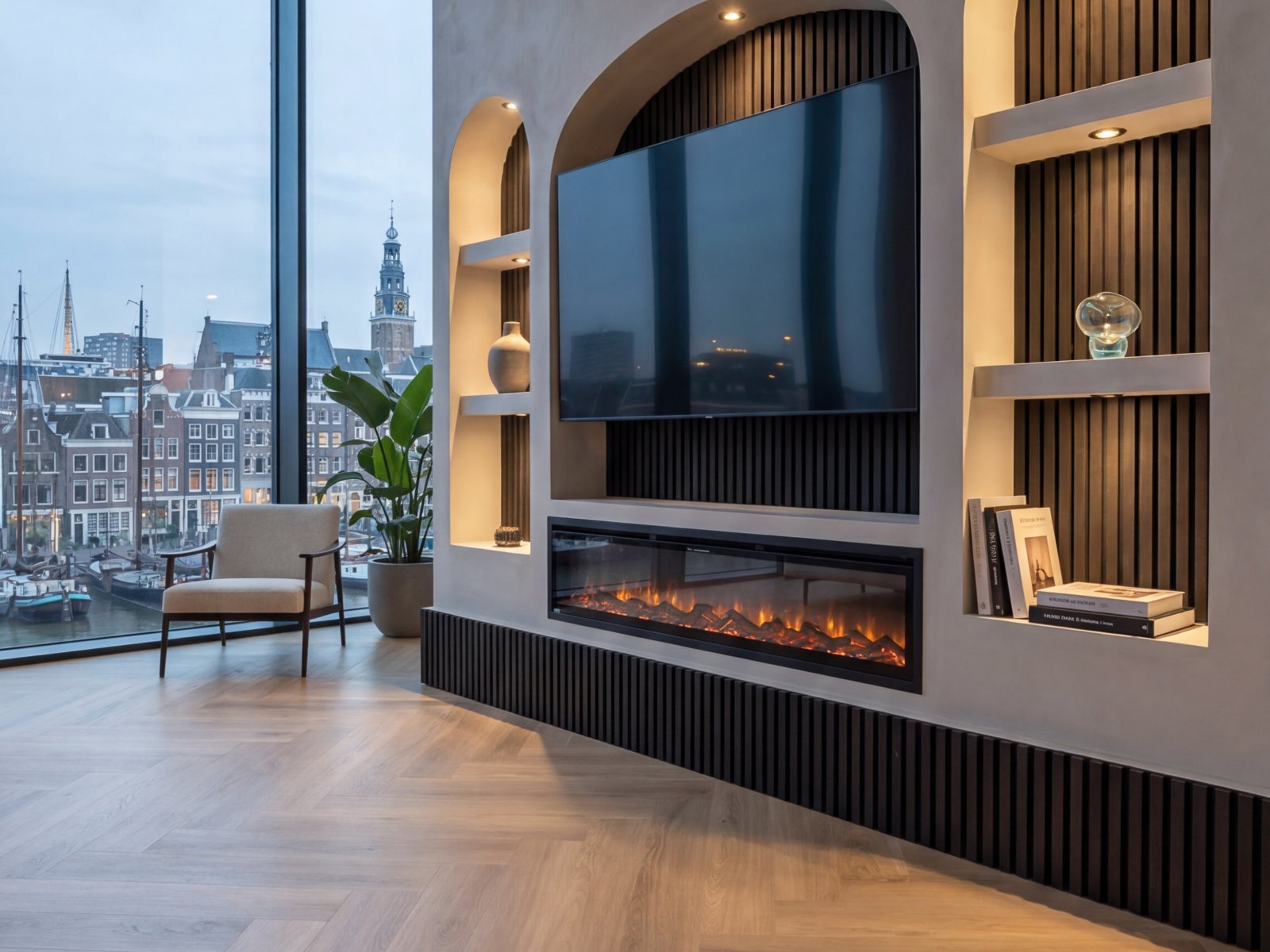 Cinewall met panelen: boognissen bekleed met zwarte houten panelen rond de tv en een brede elektrische haard