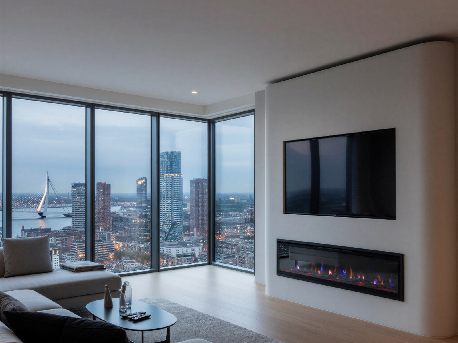 Cinewall op maat met verzonken tv en brede inbouw elektrische haard in een strakke gestucte tv wand, in een appartement met uitzicht over Rotterdam