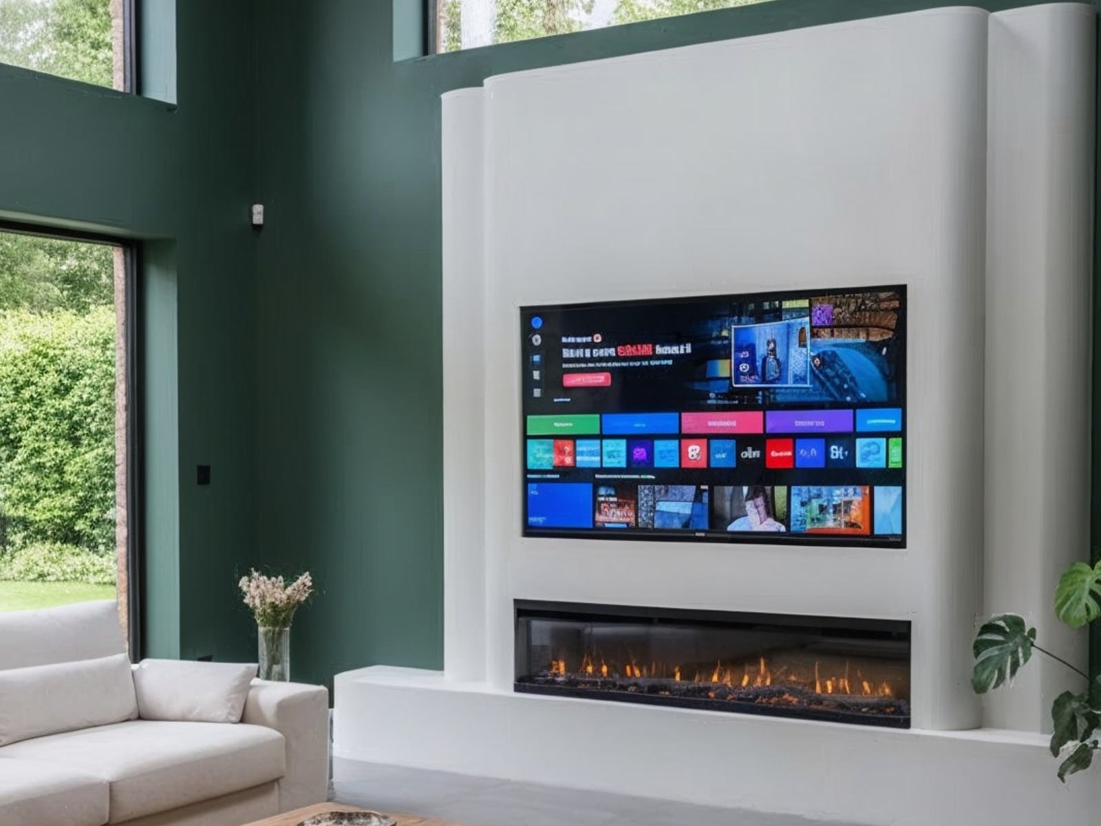 Cinewall op maat met ronde gestucte vormen, verzonken tv en brede elektrische haard in een lichte woonkamer