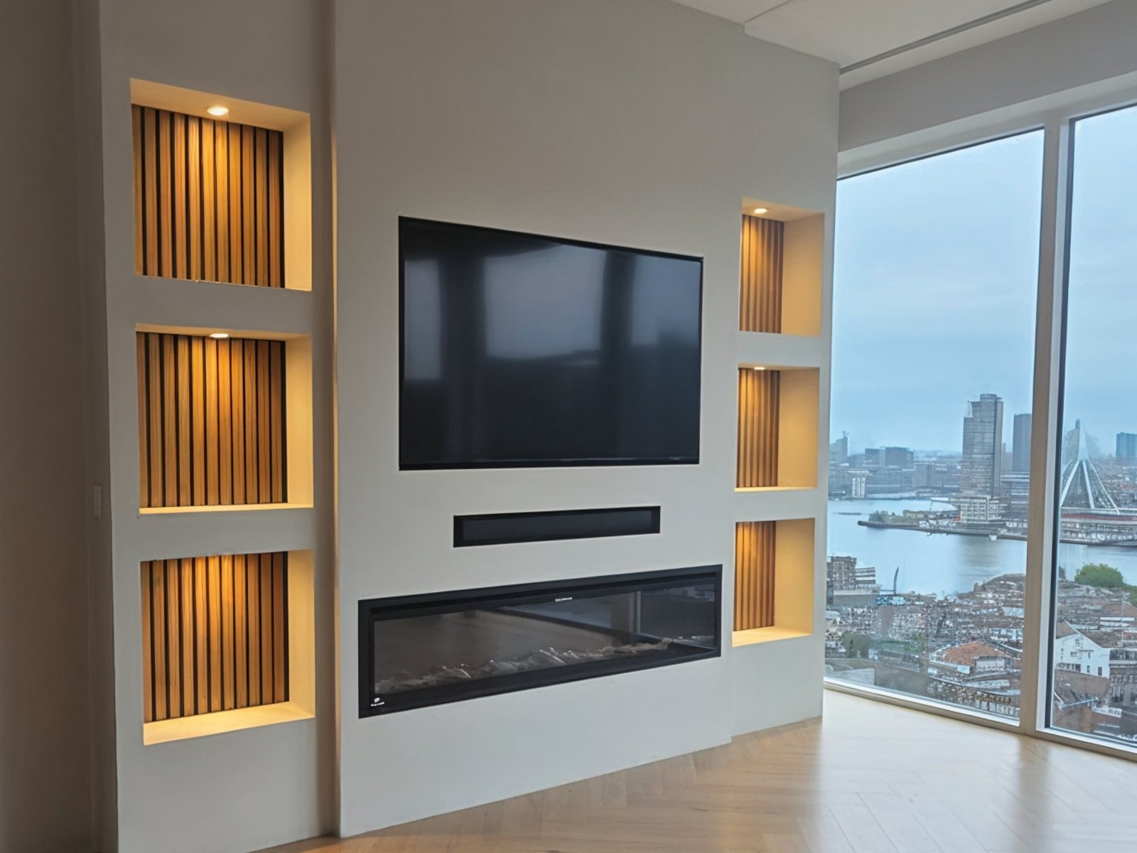 Cinewall-varianten in één wand: verlichte nissen met houten panelen, een verzonken tv, een soundbar-nis en een brede elektrische haard