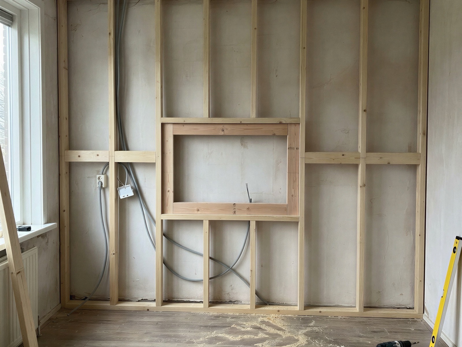 Open houten frame van een cinewall tegen een woonkamermuur, met de uitsparing voor de televisie en de kabels nog zichtbaar tussen de regels