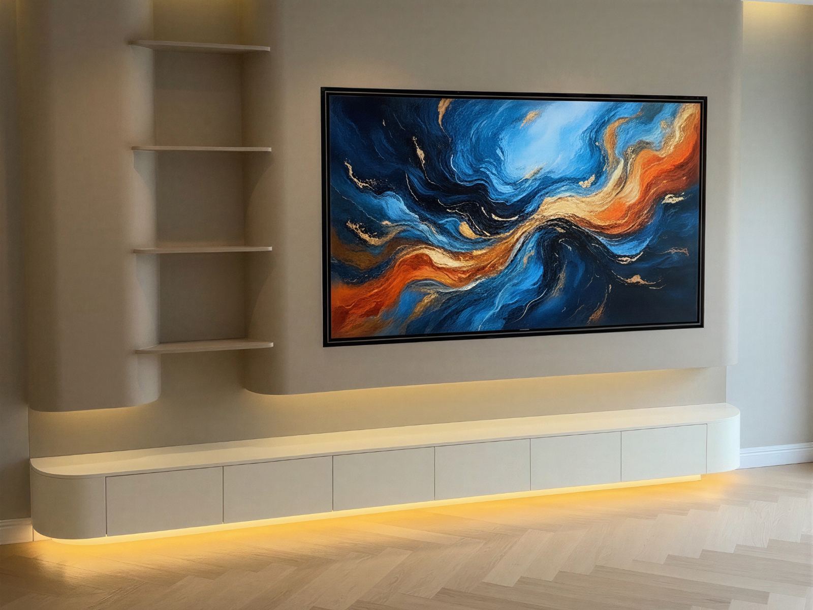 Cinewall zonder haard in japandi stijl: warme beige wand met verzonken tv, open nissen en een zwevend kastmeubel met indirecte ledverlichting boven een visgraatvloer