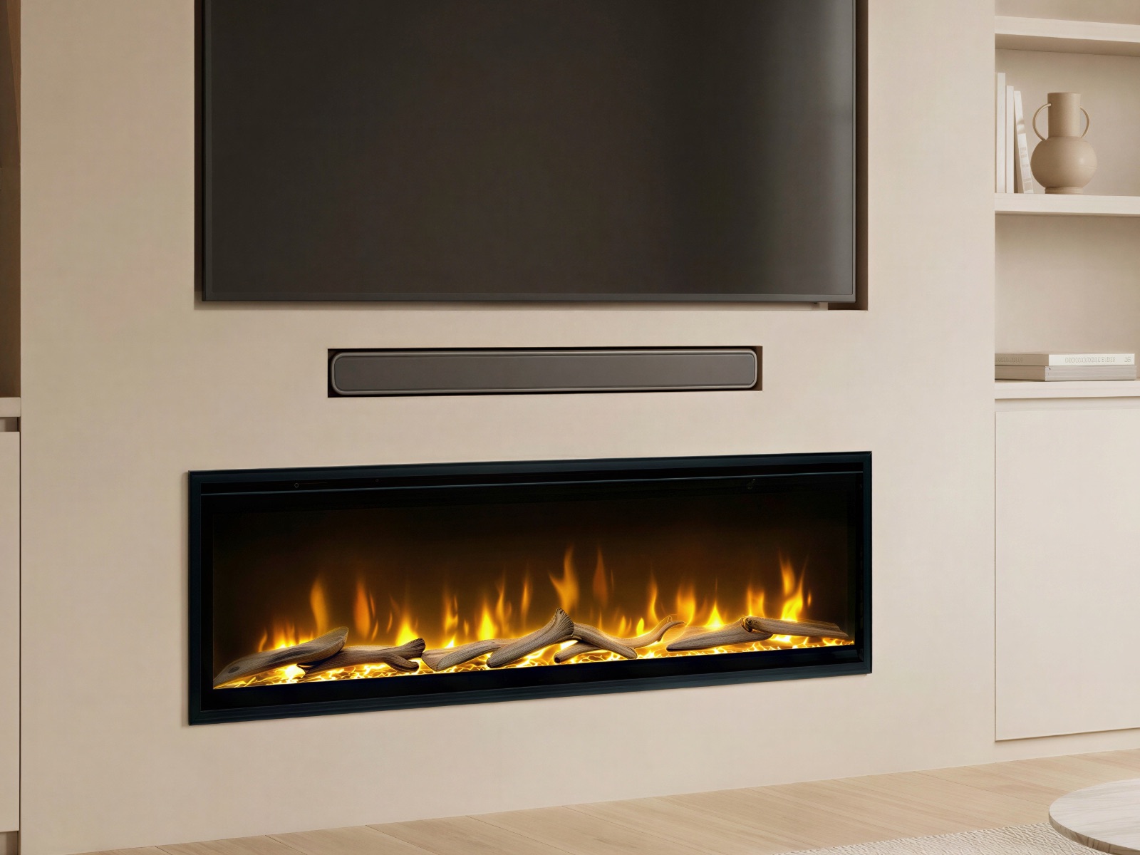 Dimplex inbouw elektrische haard met breed geel vlambeeld over houtblokken, in een beige cinewall met tv en soundbar
