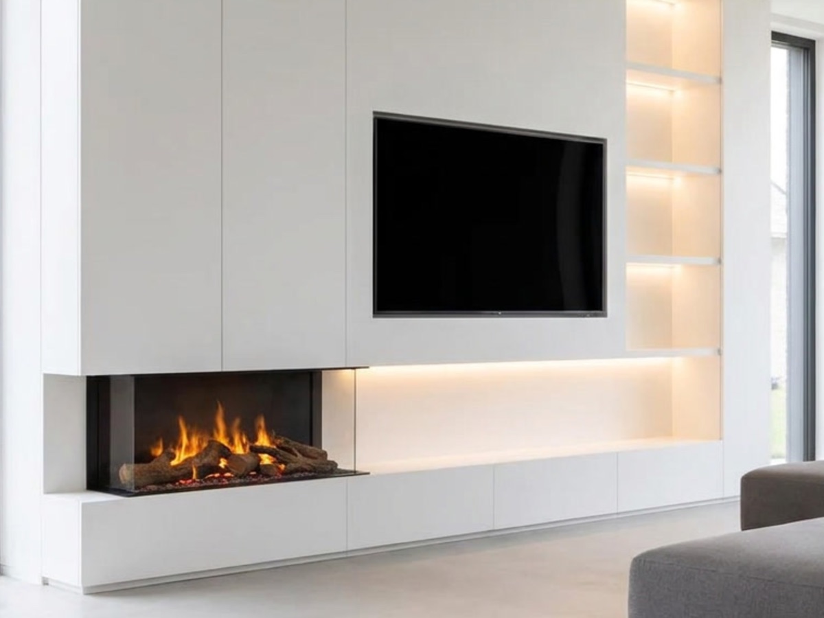 Faber waterdamp haard ingebouwd in een witte cinewall met tv, verlichte nissen en houtblokken in de vlam