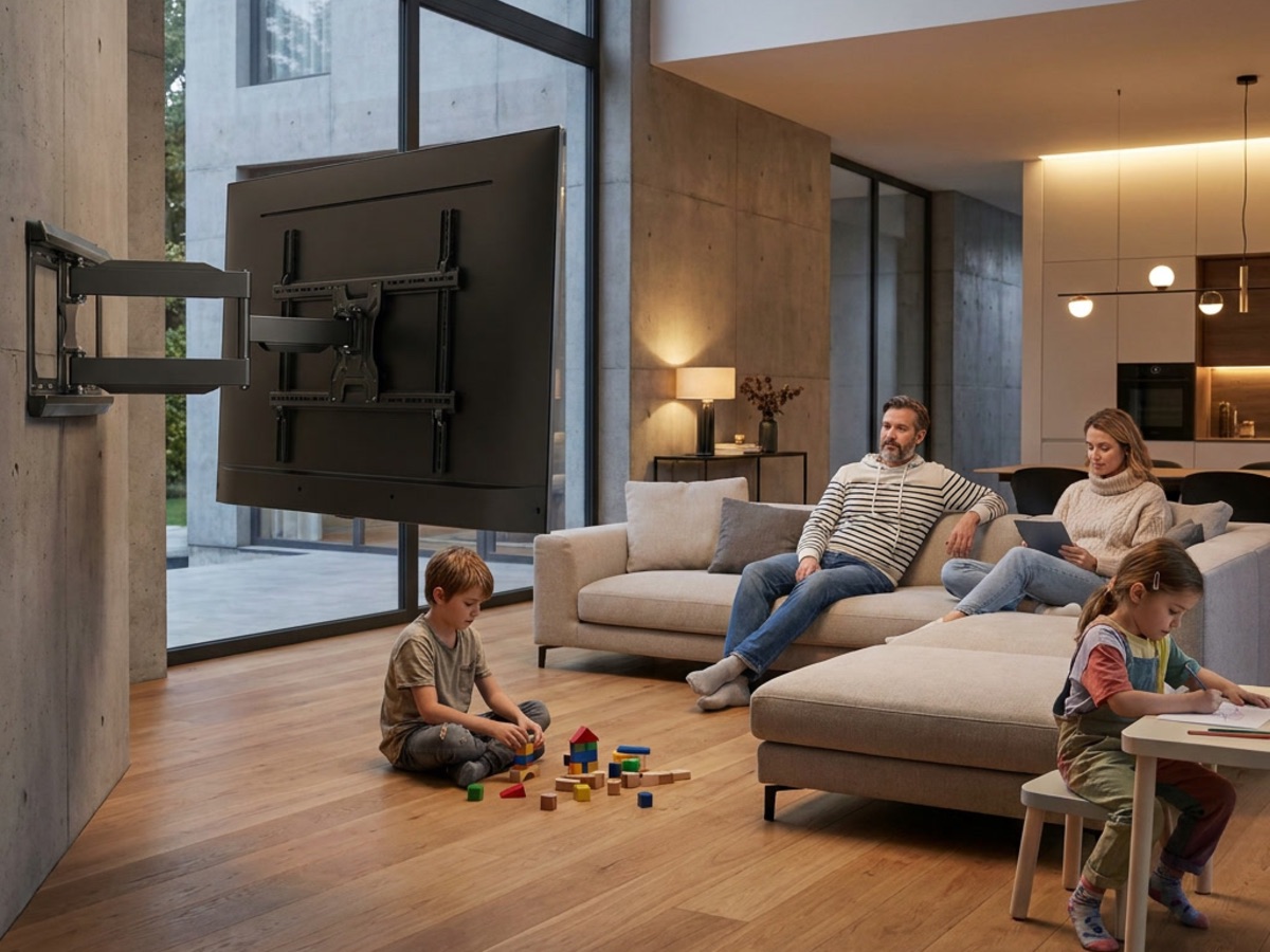 Full-motion tv beugel met uitgeklapte arm aan een betonnen wand, met een grote tv gedraaid naar de zithoek