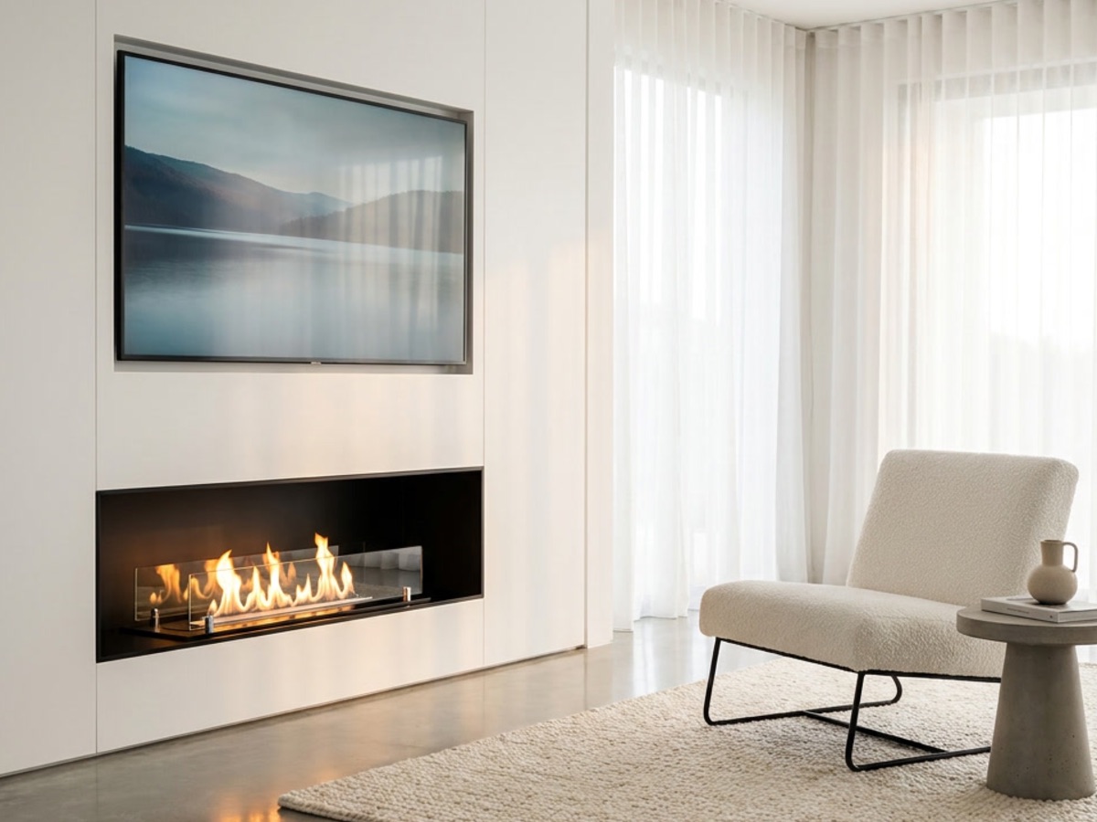 Brede inbouw bio ethanol haard met echte vlammen in een witte cinewall, met de tv erboven