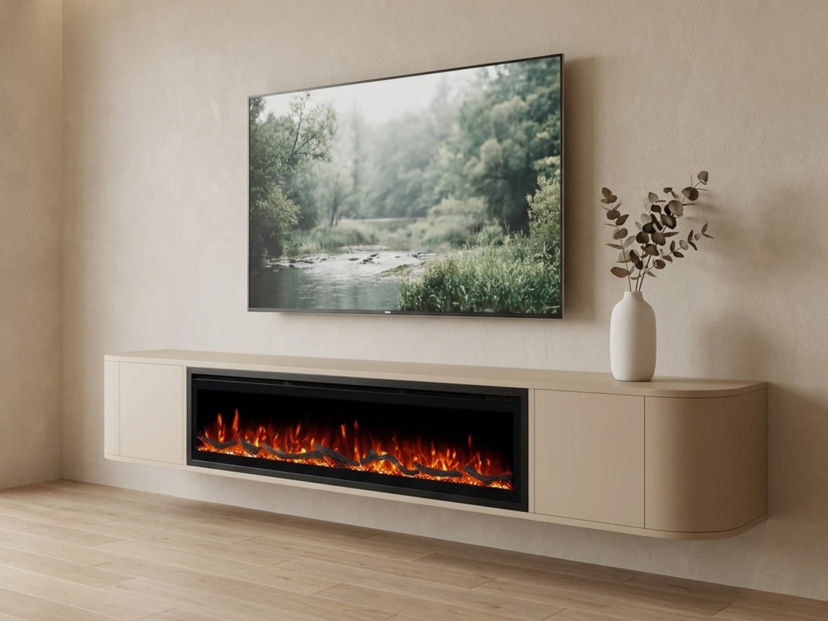 Tv meubel met open haard-look: brede elektrische haard met hoge vlammen in een nis onder de tv