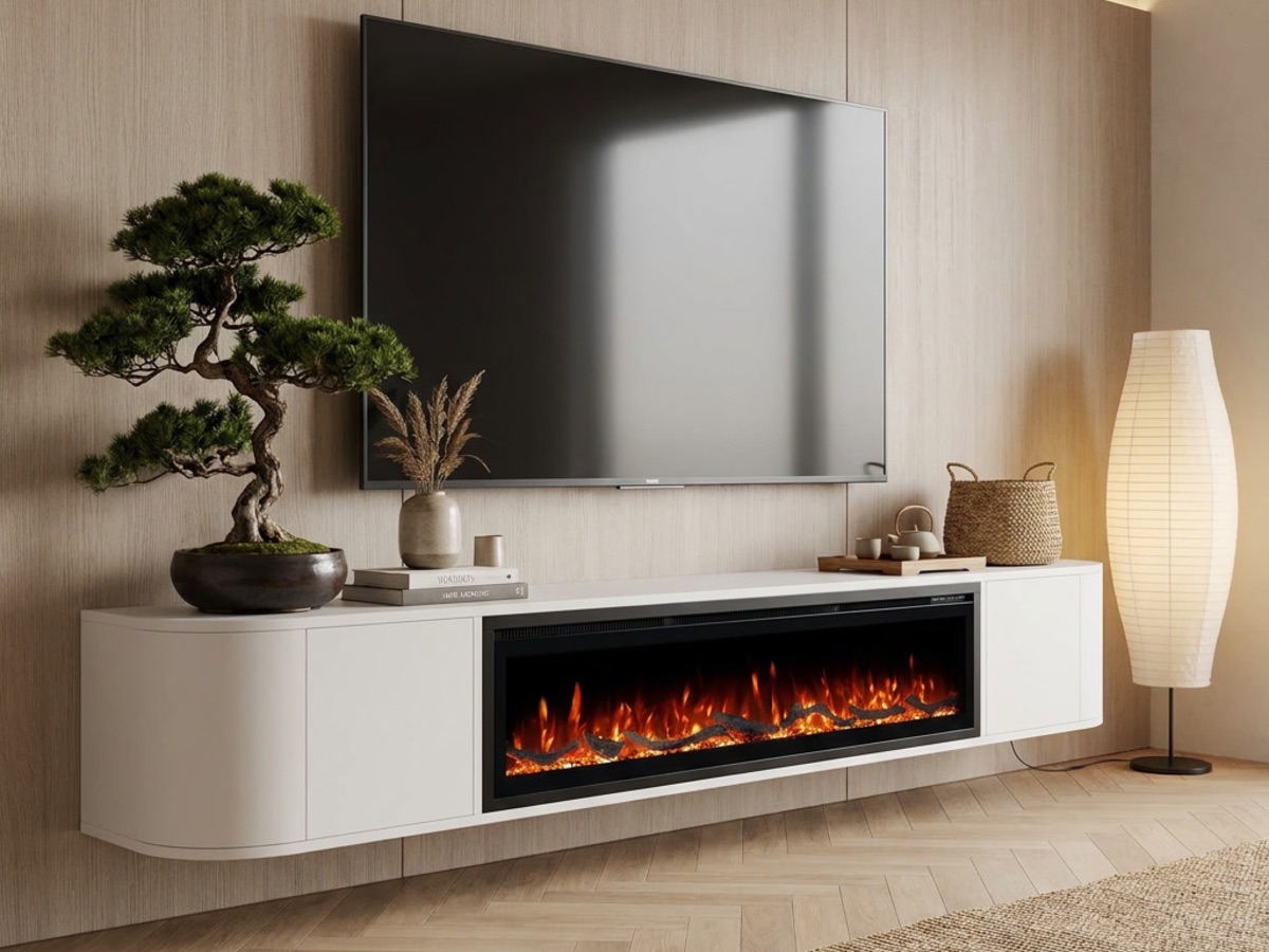 Zwevend wit tv meubel met brede elektrische sfeerhaard en een grote tv erboven in een japandi woonkamer