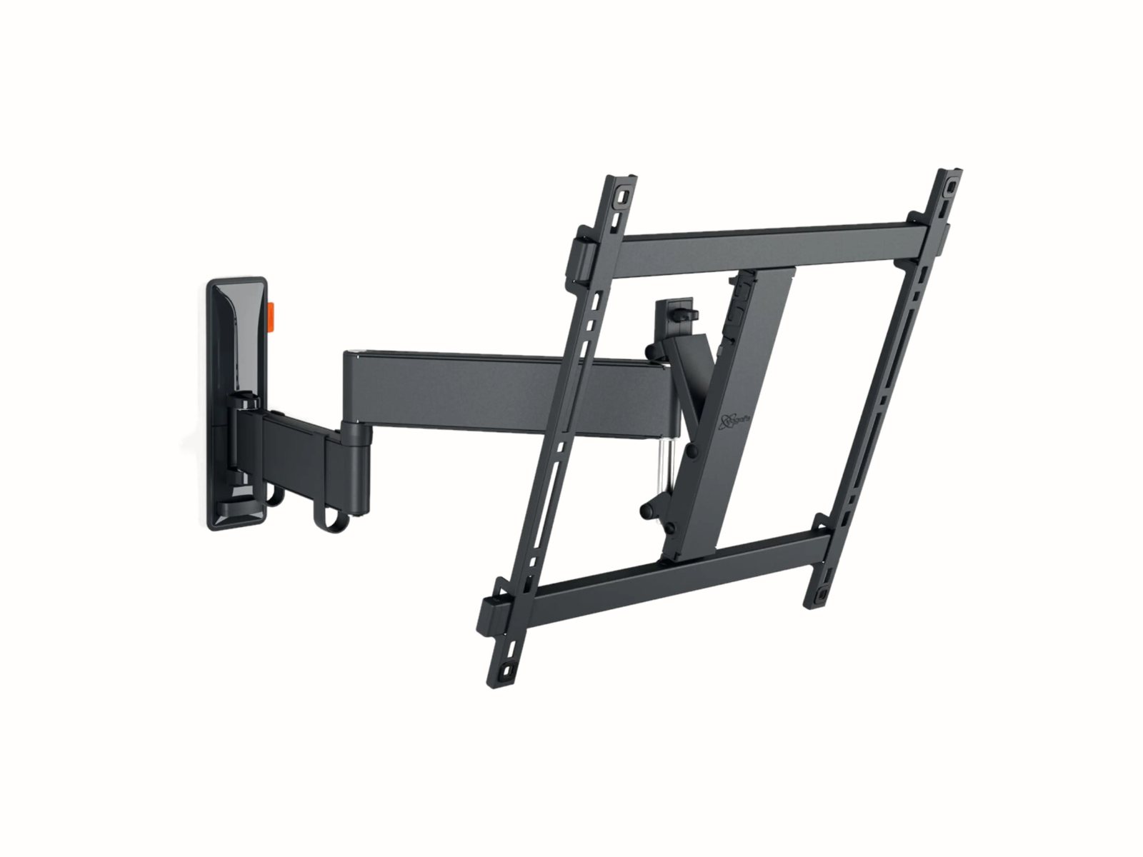 Vogel's TVM 3445 full-motion tv beugel van de zijkant, met uitgeklapte arm en gekantelde schermplaat