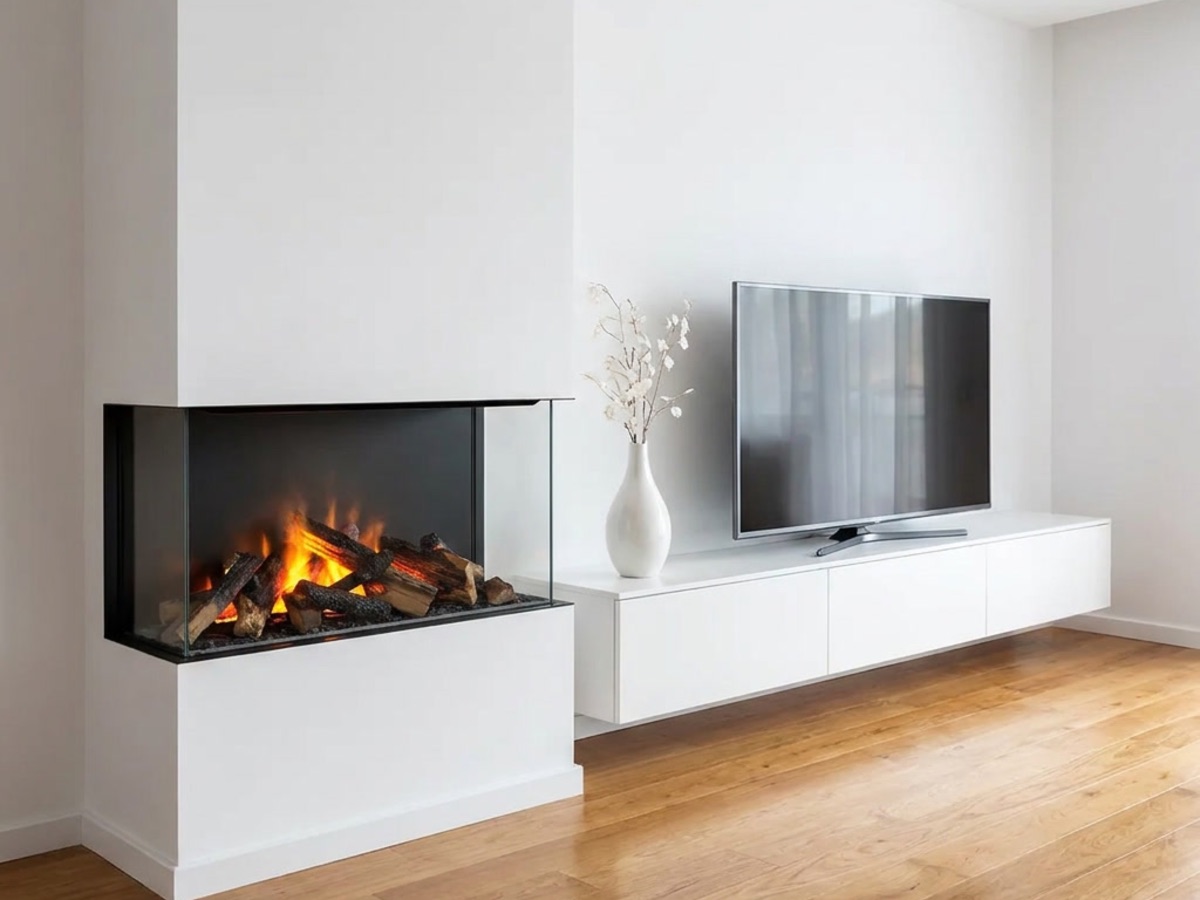 Driezijdige waterdamp haard met realistische vlam en houtblokken, ingebouwd in een witte wand naast een zwevend tv meubel