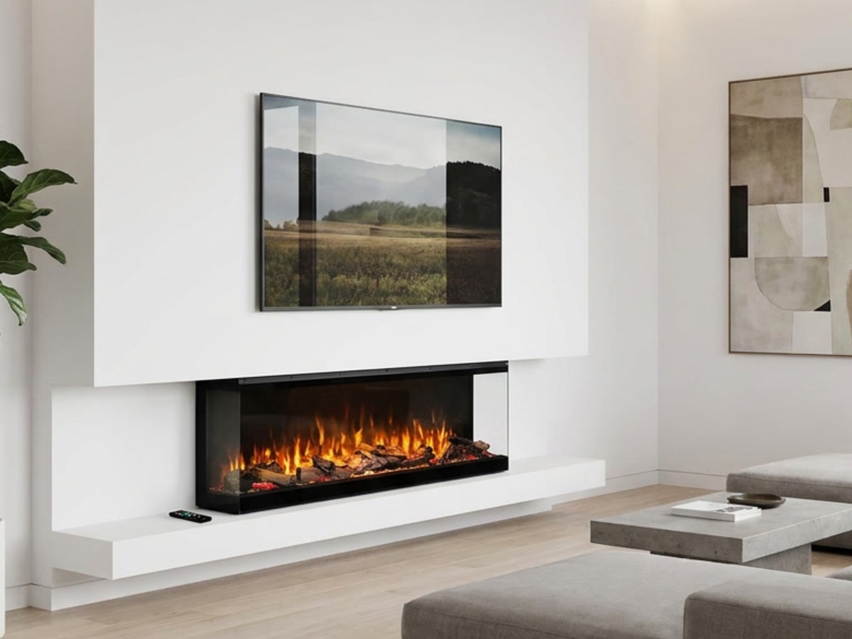Brede inbouw elektrische haard met vlambeeld en houtblokken in een witte cinewall met de tv erboven
