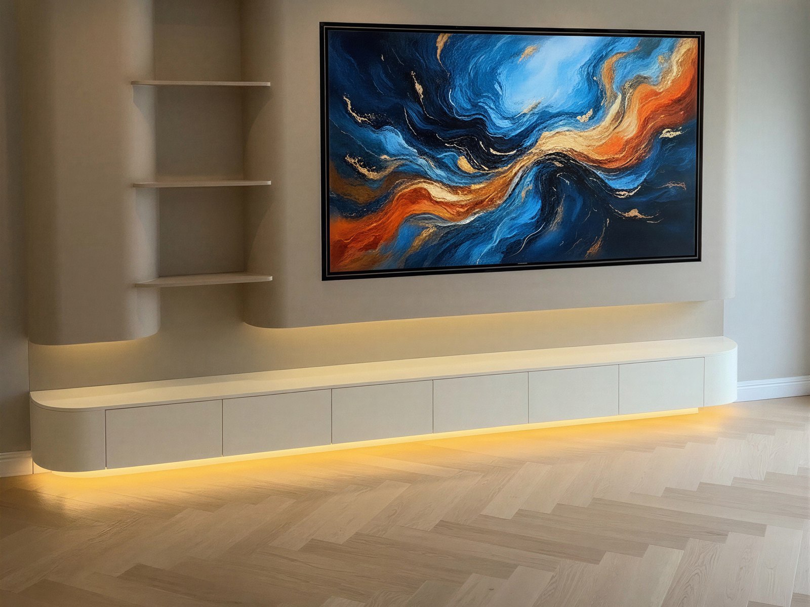 Zwevende cinewall met ledverlichting eronder die de wand laat zweven en een warme gloed geeft